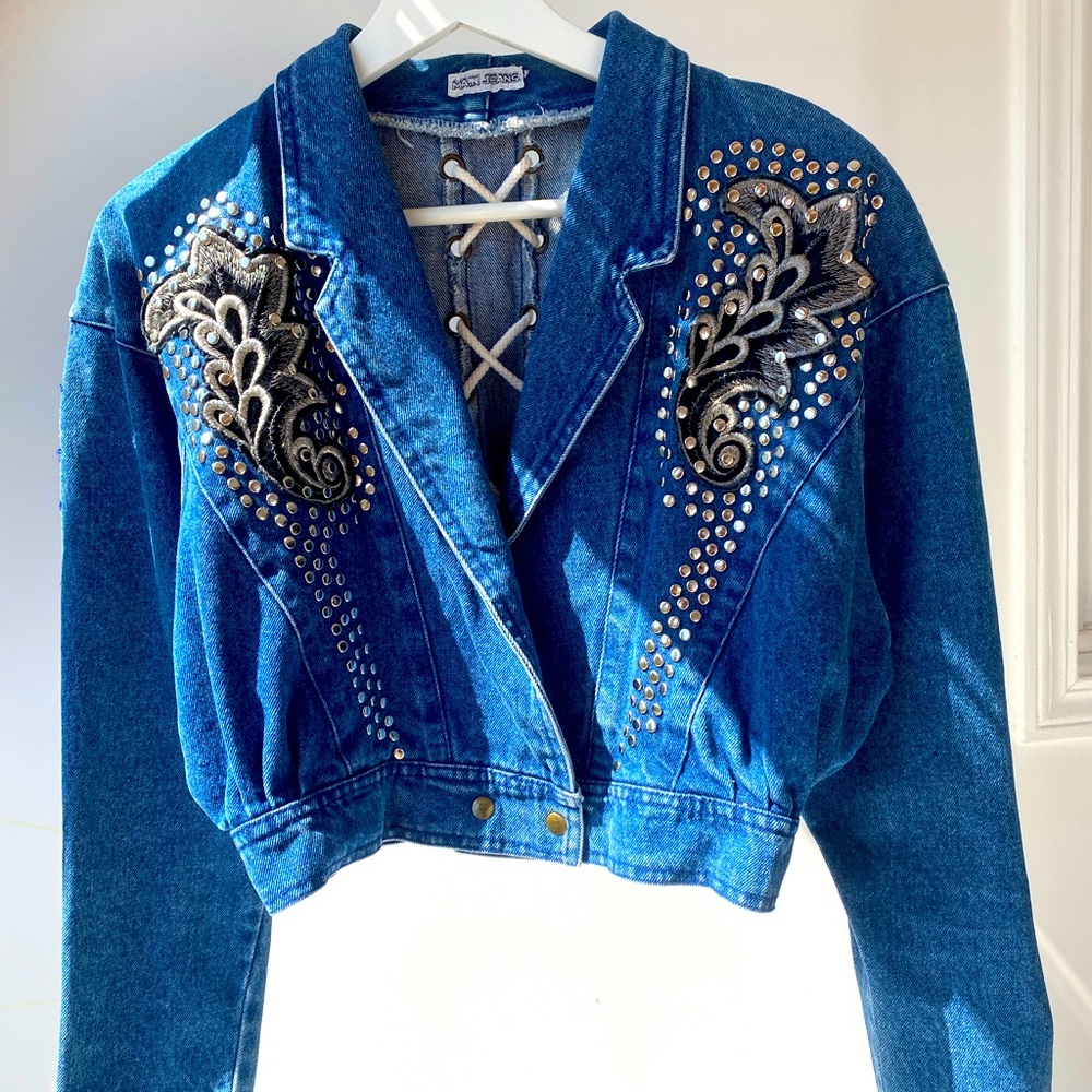 Vintage blue denim cropped jacket embroidered embellished studded small 80s